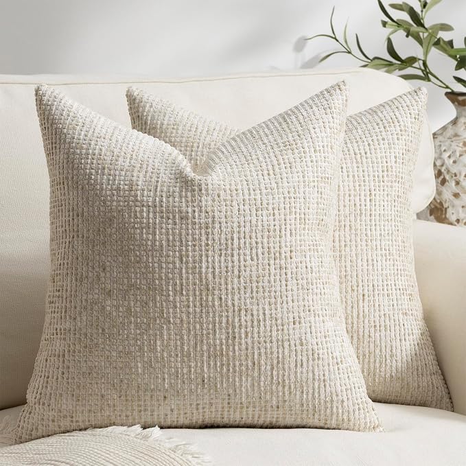 Pack of 2 Neutral Euro Sham Covers 26x26 Boho Textured Dots Stripe Chenille Large Square Decorative Throw Pillow Cases Accents for Bredroom Living Room Couch Bed Farmhouse Home Decor, Cream