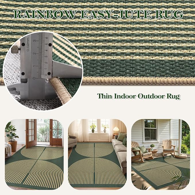 Lahome Enfys Modern Rainbow Easy Jute Indoor Outdoor Rugs, 5x7 Dark Green Rug for Living Room Office, Farmhouse Non Slip Non Shedding Floor Carpet for Dining Room Deck Sunroom