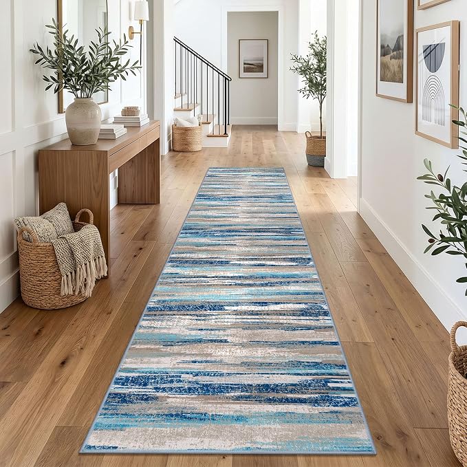Lansny Modern Abstract Runners for Hallways 2.6x12, Washable Runner Rug Non-Slip Indoor Soft Long Hallway Runner Rug, Thin Print Faux Wool Floor Carpet for Hall Entryway Kitchen, Blue