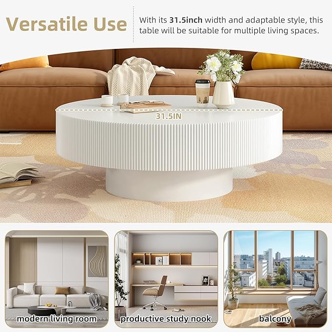Merax Modern 31 Inch Round Coffee Table with Sturdy Base, Wood Center Tables for Living Room Reception Room, Easy Assemble, White