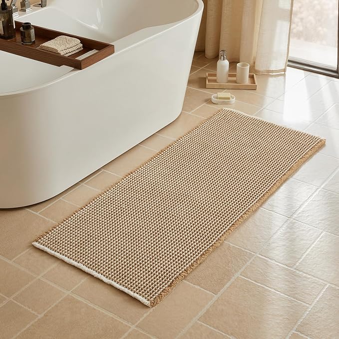 Triohero Waffle Runner Bath Mat - Long Bathroom Rugs Non Slip Washable, Ultra Soft Super Absorbent Quick Dry Boho Farmhouse Bathroom Decor, 24" x 60"', Khaki & White
