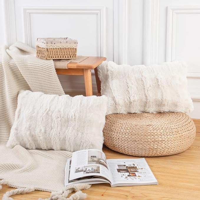 MADIZZ Pack of 2 Thick Plush Faux Wool Throw Pillow Covers Soft Boho Throw Pillows Luxurious Cushion Covers for Couch Sofa Bedroom Living Room Home Decor 12x20 Inch Cream