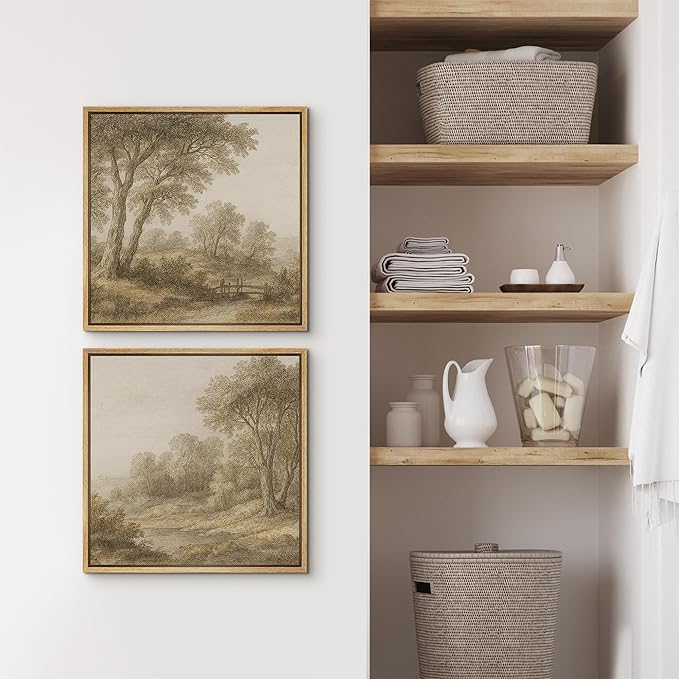 SIGNFORD Framed Canvas Print Wall Art Set Vintage Sepia Landscape Artwork, Classic Countryside Trees Illustrations Modern Art Minimal Relax/Calm for Living Room, Bedroom, Office - 16"x16"x2 NATURAL