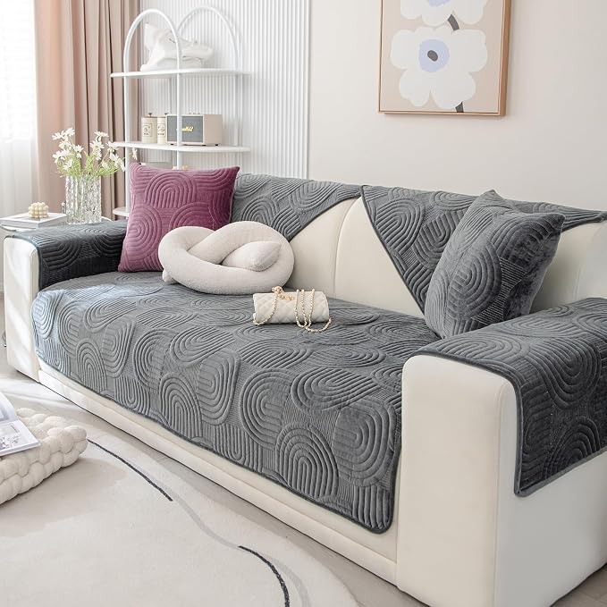 Soft Plush Geometric Quilted Couch Sofa Cover Boho Non Slip Fuzzy Sectional Couch Cover Solid Color Washable Sofa Slipcover Furniture Protector for Kids Dogs Cats (Dark Grey,43"x70")