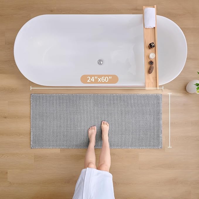 ILANGO Upgraded Waffle Bathroom Runner Rugs,Super Absorbent Boho Non Slip Bathroom Mats Quick Dry,Ultra Soft Machine Washable Mat with Tassels for Hallway,24x60,Dark Grey