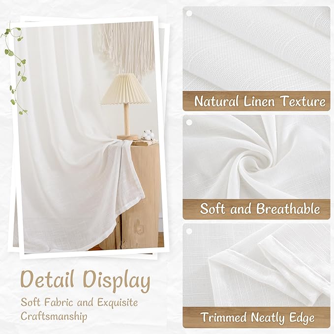 LAMIT Semi Sheer Linen Curtains 102 Inches Long, White Light Filtering Neutral Window Drapes Back Tab and Rod Pocket Boho Panels for Living Room/Bedroom/Farmhouse, 2 Panels, 52 x 102 Inch