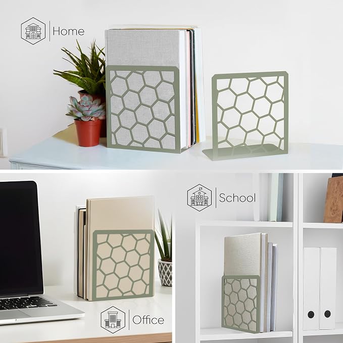 Sage Geometric Honeycomb Metal Bookends - Book Ends for Shelves - Decorative Modern Heavy Duty Bookend Stopper - Book Ends for Heavy Books - Home Office Book Holder - 2 Pair, 6x3.25x6.25 in