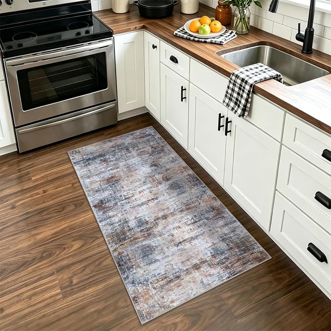 IOHOUZE Abstract Runner Rug 2x4 Ft Entryway Rugs Washable Door Mat Indoor Entrance, Rubber Backed Entryway Runners, Printed Faux Wool Non Slip Floor Carpet for Foyer Front Door Sink, Orange Grey