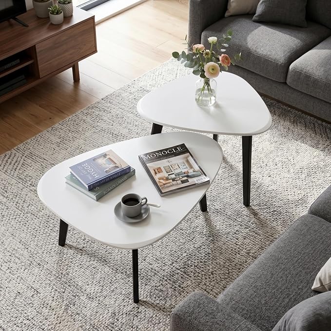 Nesting Coffee Table Set of 2-Mid Century Modern Guitar Pick Stacking Tables with Solid Wood Legs-Waterproof Triangle Center Side End Table for Small Living Room,Apartment,Balcony (White)