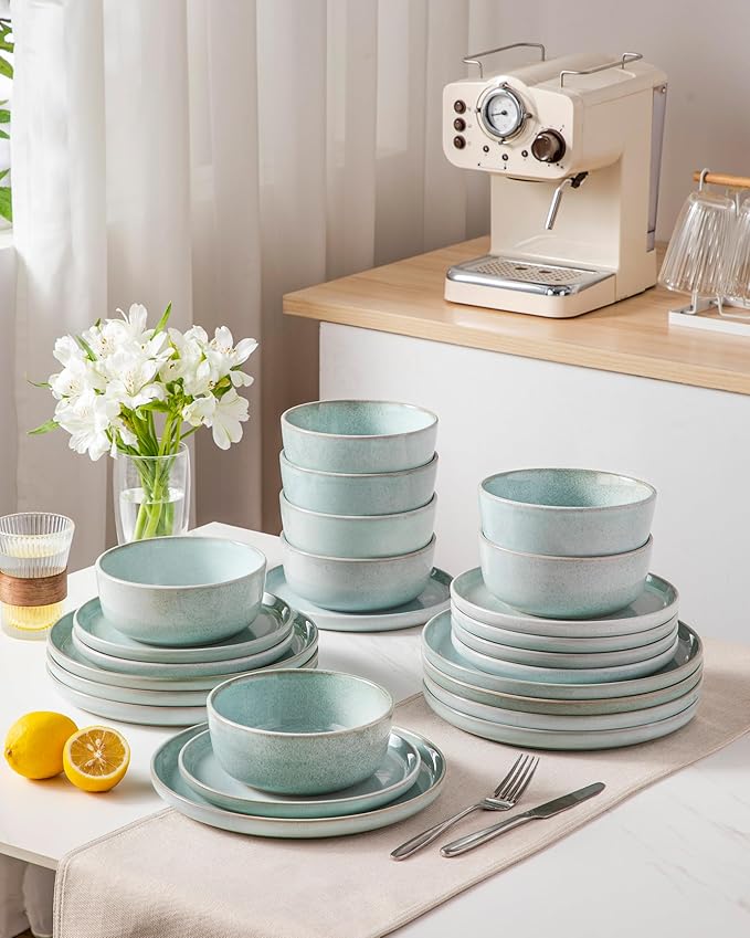 vancasso ANYA 18 Pieces Plates and Bowls Set, Mint Green Dinnerware Sets, Reactive Glaze Dishes Set for 6, Ceramic Dishware Sets Kitchen Dinner Set, Microwave & Dishwasher Safe