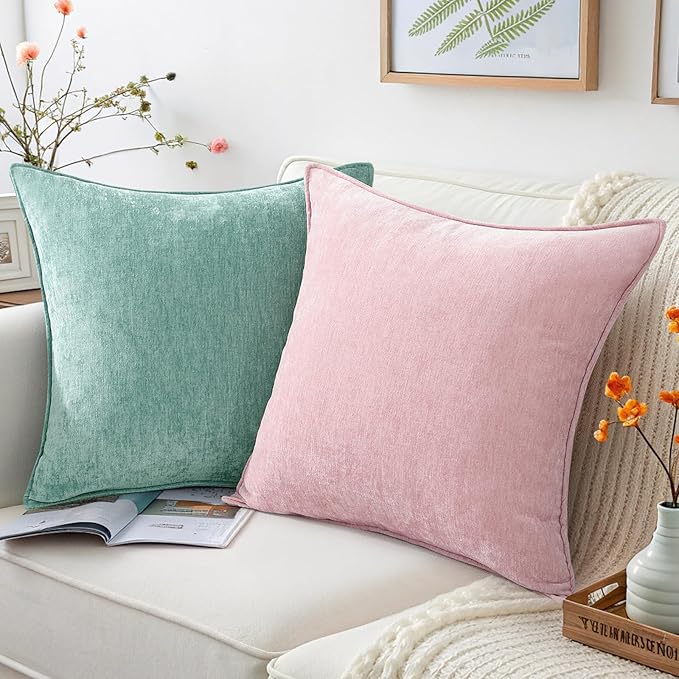 decorUhome Summer Couch Euro Sham Throw Pillow Covers 26x26 Set of 2, Decorative Soft Velvet Modern Cozy Chenille Pillow Cases with Elegant Design for Sofa Bed Living Room Home Decor, Aqua Haze