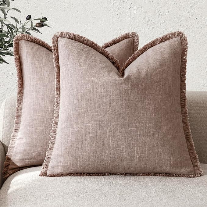 Foindtower Set of 2 Decorative Linen Fringe Throw Pillow Covers Boho Farmhouse Cushion Cover with Tassels Soft Accent Pillowcase for Couch Sofa Bed Living Room Home Decor,20×20 Inch,Dusty Pink