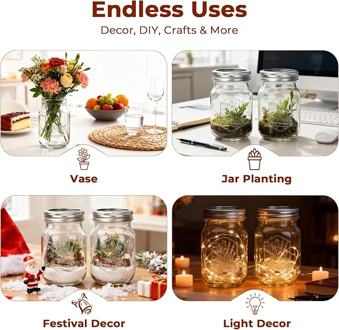 CycleMore Mason Jars 16 oz, 2 Pack Embossed Glass Jars with Silver Split Lids, Decorative Canning Jars for Overnight Oats, Pickles, Pantry Storage and Gifts