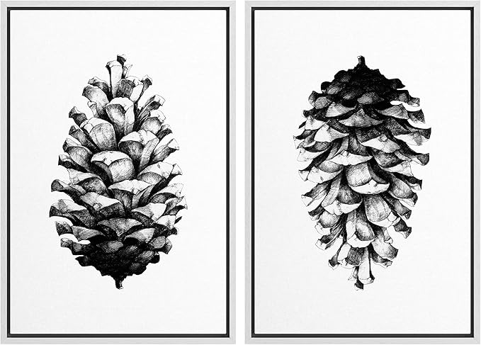 SIGNWIN Framed Canvas Print Wall Art Set Black & White Forest Woodland Pinecone Nature Wilderness Illustrations Modern Art Rustic Relax/Calm for Living Room, Bedroom, Office - 16"x24"x2 White