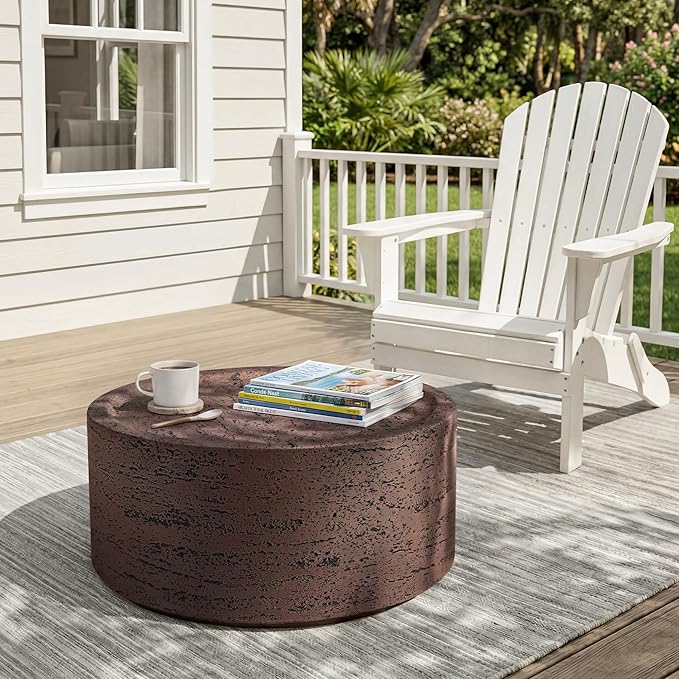 UPHA 28" Round Outdoor Coffee Table, Modern Hollow Concrete Patio Table, Small Minimalist Low Accent Table for Living Room, Balcony, Deck, Backyard, Rust Red