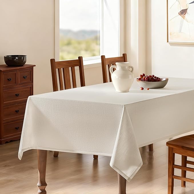 Beige Linen Square Tablecloth Neutral Wrinkle-Proof Faux Burlap Table Clothes for Dining 55 x132