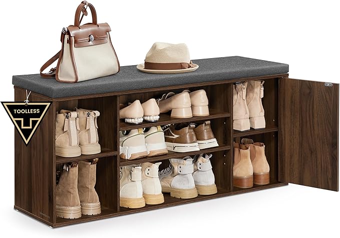 SONGMICS HOME Storage Bench, Superfast Toolless Assembly, 41" Wide Entryway Shoe Bench with Cushion & Adjustable Shelves, Shoe Rack Cabinet, Natural Walnut and Slate Gray ULHS391KE04S