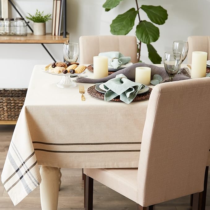 DII French Stripe Tabletop Collection Farmhouse Style Dining Table Linen Tablecloth, 60x104, Taupe/Black