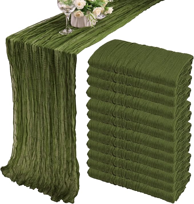 12 Pack 10Ft Cheesecloth Table Runner 35x120 Inch Boho Gauze Table Runner Rustic Cheese Cloth Long Romantic Table Runners for Wedding Bridal Shower Birthday Party Table Decor (Grass Green)