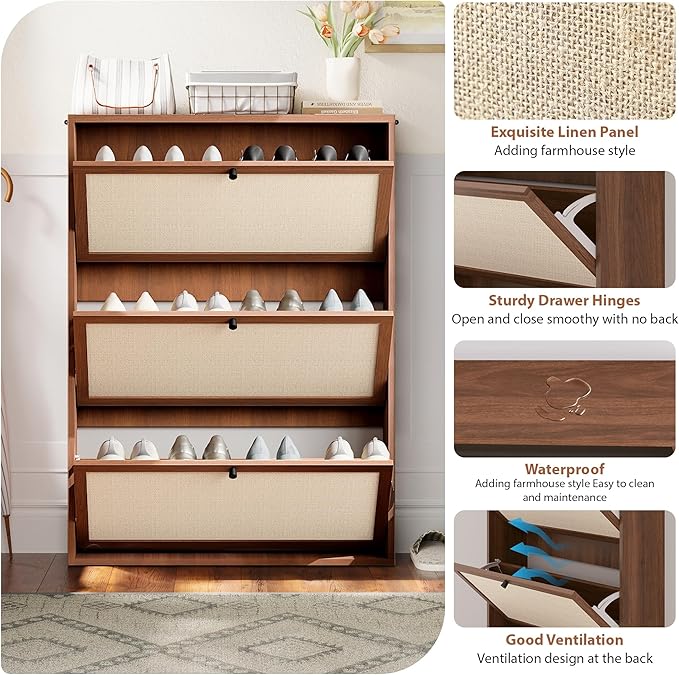 31.5" Mid-Century Slim Narrow Shoe Storage Cabinet for Entryway, Hidden 3 Tier Wood Shoe Storage Organizer with Non-Divider Flip Drawer for Hallway, Living Room,Apartment (Walnut)