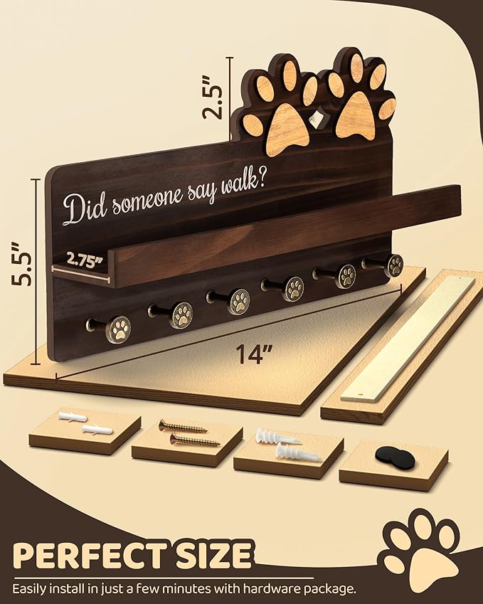 MTERSN Farmhouse Dog Leash Holder for Wall - Cute Key Holder Wall Mount with Floating Shelf & 6 Paw Hooks - Dog Lover Gifts for Wall Organize and Elevate Room Decor (Brown)