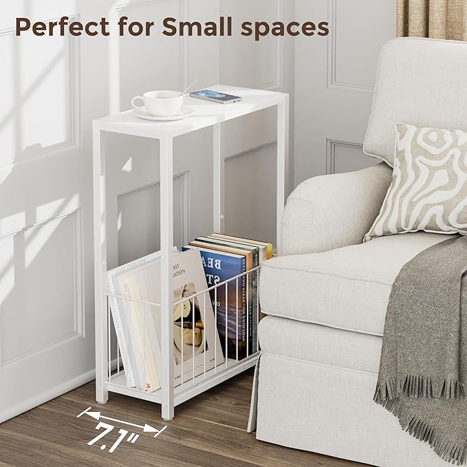 Homleke Narrow Side Tables Set of 2 with Magazine Holder, Skinny End Tables Perfect for Small Spaces, Space-Saving Design for Living Room, Bedroom, or Office, 7.1" D x 16.9" W x 23.6" H, White