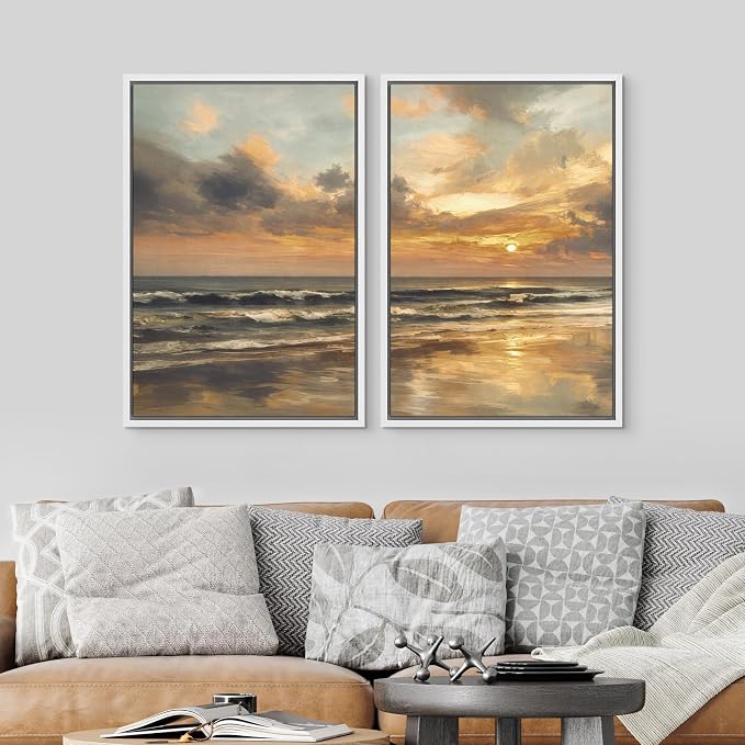 SIGNLEADER Framed Canvas Print Wall Art Set Golden Sunset Seascape Illustrations Modern Relax/Calm Multicolor for Living Room, Bedroom, Office - 24"x36"x2 White