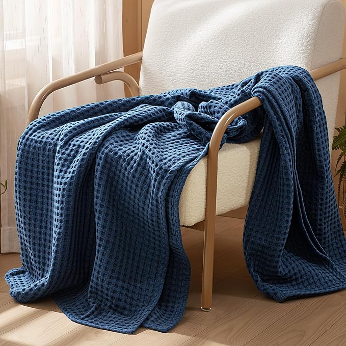 Exclusivo Mezcla Pre-Washed 100% Cotton Waffle Blanket Full Size for Bed, 330GSM Lightweight Breathable Summer Blankets, Soft and Cozy, Home Decor, Navy Blue, 80x90 Inches