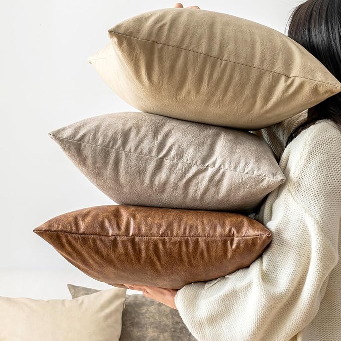 Neutral Decorative Faux Leather Pillow Covers, Pack of 2 Modern Boho Luxury Floor Cushion Cover, for Home Decor Pet Hair Resistant Abrasion Throw Pillow Covers 20x20 Inch Olive Green.