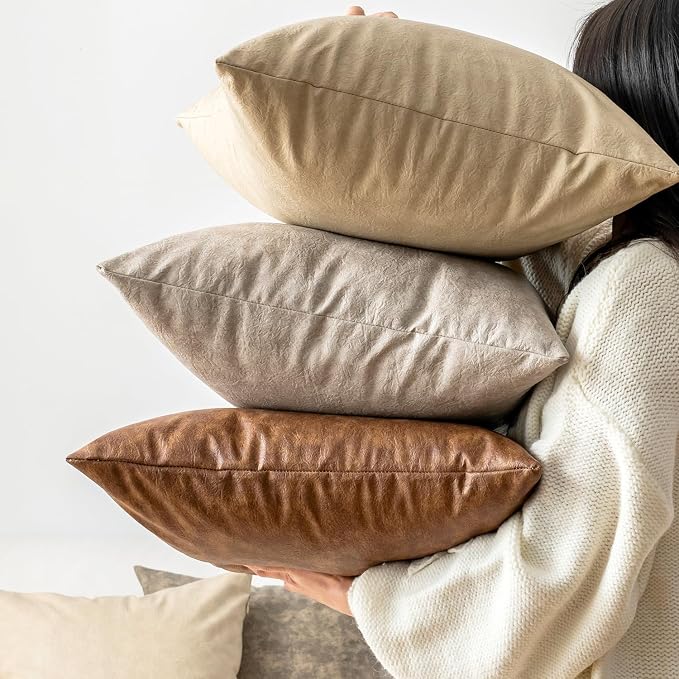 Oversized Leather Pillow Covers Vintage Decorative, Pack of 2 Square Rustic Abrasion Floor Cushion Covers, for Home Decor Outdoor Waterproof Pet Hair Resistant Pillow Covers 26x26 inch Brown