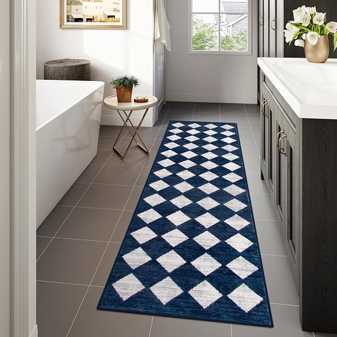 Lahome Zelie Checkered 2x8 Hallway Runner Rug,Soft Kitchen Runner Rugs Non Skid Washable,Blue Bathroom Carpet Runners,Moroccan Trellis Low Pile Rug Runners for Entryway Laundry Room Foyer(2'x8',Blue)