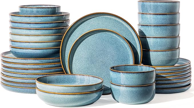 GBHOME 32 Pieces Double Bowls Ceramic Dinnerware Sets for 8, Stoneware Plates and Bowls Set with Reactive Glaze, Scratch Resistant Stoneware Dishes Set, Dishwasher & Microwave Safe