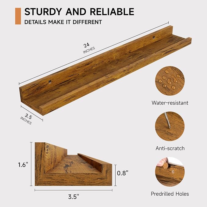 Fun Memories Picture Ledge Shelf, 24 Inch Floating Shelves Set of 2, Nursery Book Shelves for Storage, Bookshelf Wall Mounted for Wall Decor Books Photo Frames, Rustic Brown