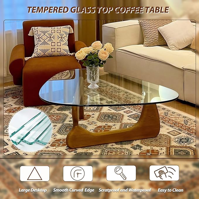 Modern Glass Coffee Table, 35.5″ Noguchi Coffee Table with Triangle Tempered Glass Top, Walnut Wood Base, Stable Funky Center Tables for Living Room, Apartment & Small Spaces