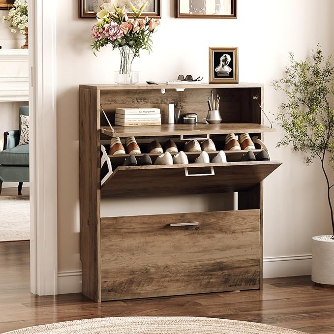 VINGLI Grey Shoe Cabinet for Entryway, Slim Shoe Rack Storage with 3 Flip Drawers, Rustic Washed Grey Wood Finish, Narrow Hidden Shoe Organizer for Hallway, 9.5" Depth, Greige