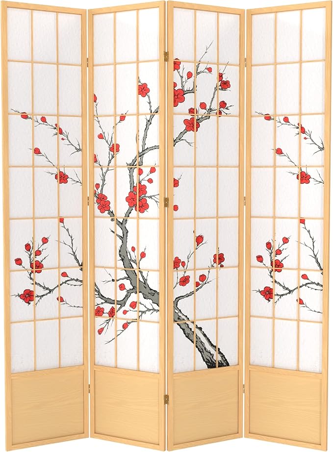Red Lantern 7 ft. Tall Cherry Blossom Shoji Screen - Natural - 4 Panels