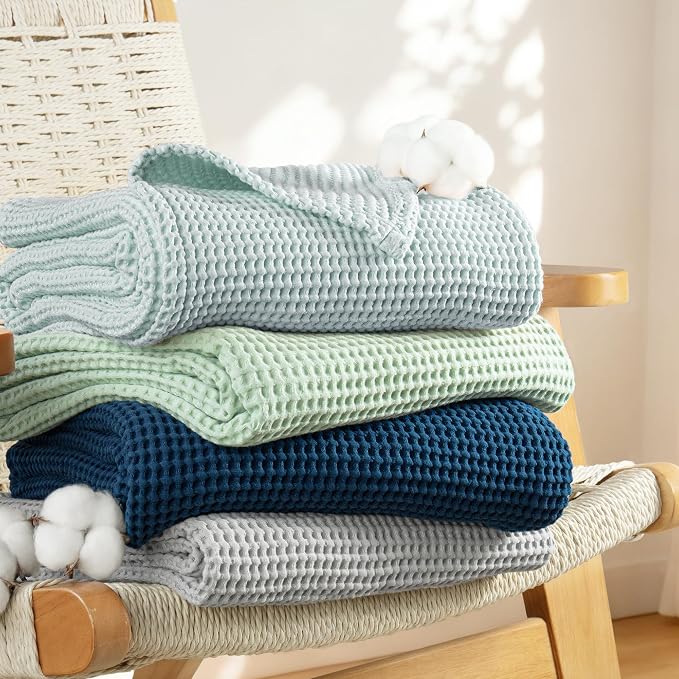 Exclusivo Mezcla 100% Cotton Waffle King Size Blanket for Bed, Lightweight and Breathable Gauze Muslin Blanket for Summer, Moisture-Wicking, Home Decor, 104"x90", Celadon