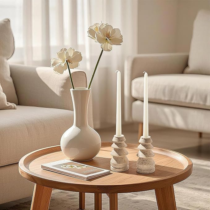 Marble Candle Holders Set of 2, Natural Stone Candlestick Holder for Christmas Decor, Wedding Centerpiece, Dining Table Fits 3/4" Taper Candles, Non-Slip Base, Light Brown (WH070)