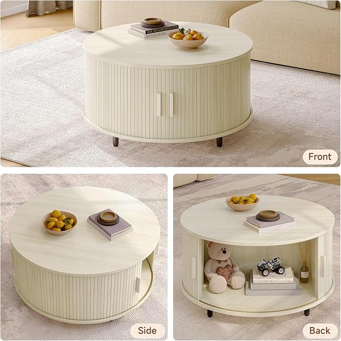 ONBRILL Round Coffee Table with Storage, 31.5" Modern Coffee Table with 360° Curved Sliding Door, Fluted Wood Coffee Table with Adjustable Footpads, Round Center Table for Living Room, Natural White