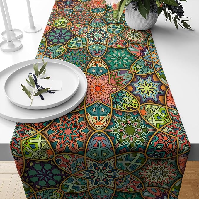 YCness Bohemian Vintage Dining Table Runner Boho Geometric Moroccan Mandala Retro Table Runner for Kitchen Dining Home Party Decor Green 13x36 Inch