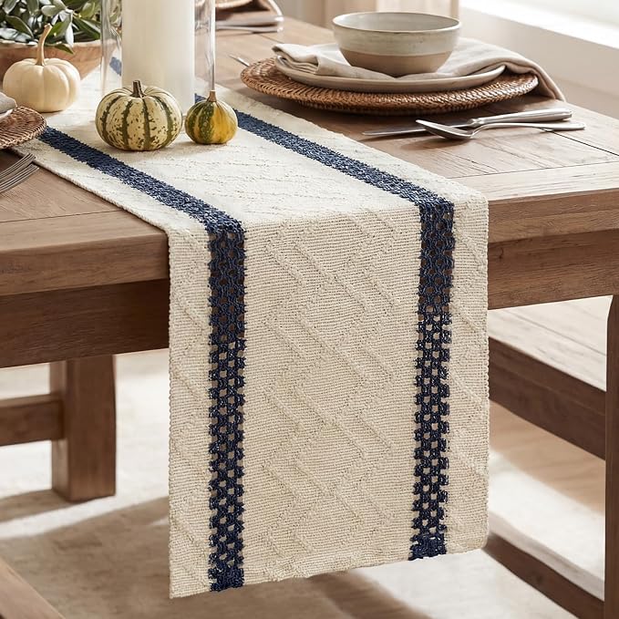 Artoid Mode Dark Blue Stripe Woven Table Runner, Seasonal Holiday Hollow Kitchen Dining Table Decoration for Home Party Decor 12x48 Inch