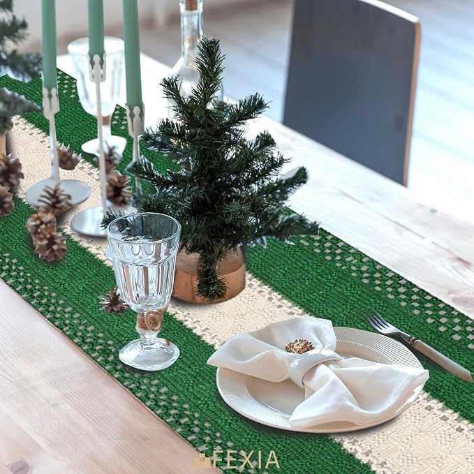 FEXIA Green Table Runner 72 Inches Long with Tassels Sage Green Table Runners for Farmhouse Home Decor Bohemian Dining Bedroom Decor (12x72 Inches)