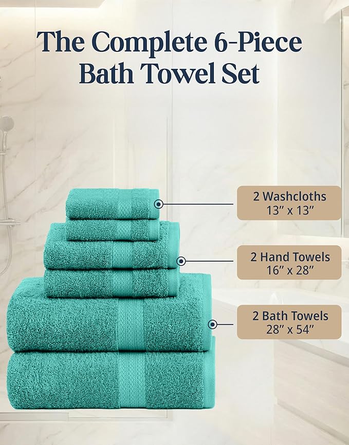 LANE LINEN 100% Cotton Bath Towel Set - 6 Pieces - Softer, Durable & Highly Absorbent - 2 Bath, 2 Wash cloths, 2 Hand Towels for Bathroom - Family Set, Premium Quality & OEKO-TEX Certified - Teal