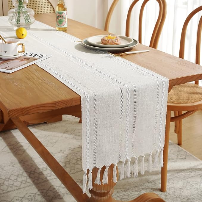 Rustic Farmhouse Style Linen Table Runner, Boho Handmade Tassel Embroidered Table Runners 60 Inches Long for Holiday Party, Wedding and Dining Decorations, 13 inchW X 60 inchL - Ivory