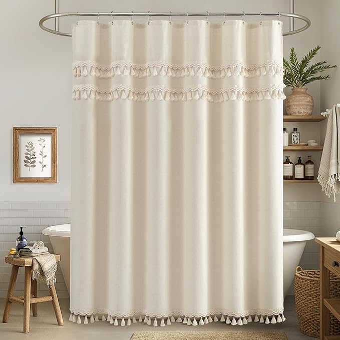 Linen Shower Curtain Boho Beige Shower Curtains for Bathroom 72 x 72 Inch Cloth Shower Curtain with Luxury Tassels Neutral Farmhouse Bath Decor Medieval Vintage Bath Curtains