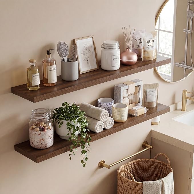 Vivelove 30 Inches Floating Shelves Wall Mounted, 10" Deep Wall Shelves for Bedroom, Bathroom, Living Room, Kitchen, Office, Home Decor, Modern Shelf, Set of 2, Walnut, 30x10.2x1.5