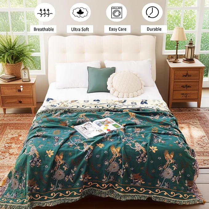 VANJOROY Boho 100% Cotton Large Throw Blanket - All Season Rustic Ultra Soft Breathable Floral Bird King Blanket for Bed Sofa Couch Chair Bedspread Quilt Gift, 91" x 98"-Teal/Beige