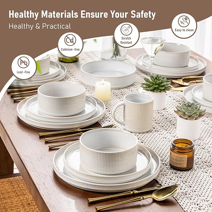 GBHOME 24-Piece Stoneware Dinnerware Set for 8 – Ribbed Ceramic Plates and Bowls, Scratch-Resistant, Microwave & Dishwasher Safe, Reactive Glaze, Sugar White