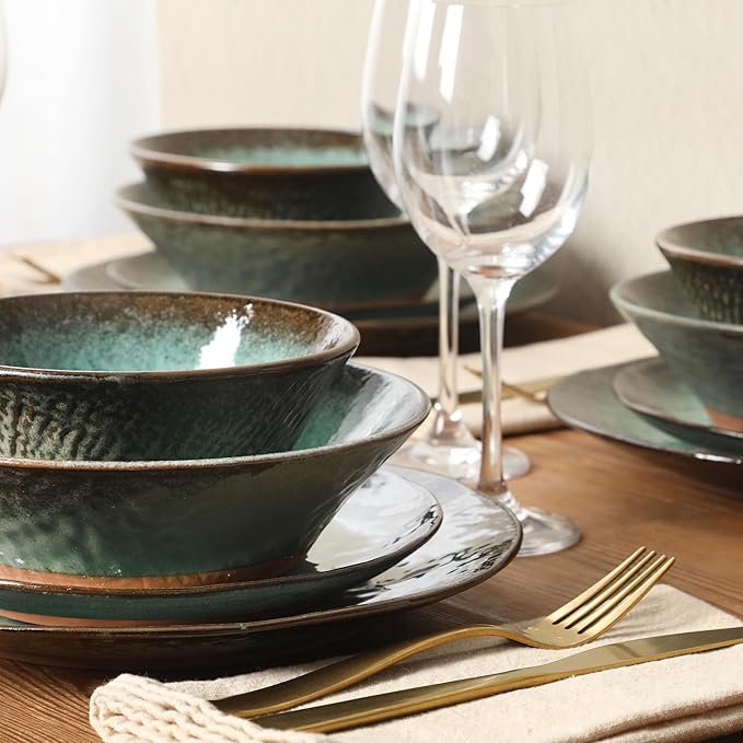 Gibson Elite Green Lantern Service for 4 (16 Piece) Double Bowl Dinnerware Set, Teal, Soft Gray, Dinnerware Set