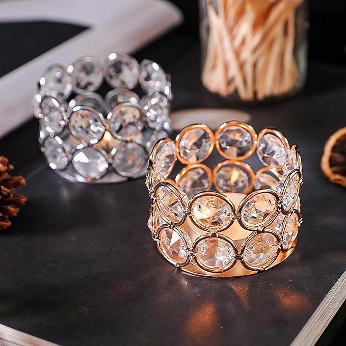 Crystal Tea Light Candle Holders，Gold Candlestick Holders for Home Decor Wedding Party Table Decoration Housewarming Gift (6 pcs)